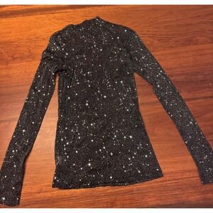 MANGOPOP Women Black Metallic Star Print Mesh Mock Neck Long Sleeve Top Medium
